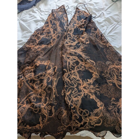 Kendall Kylie Maxi Dress/Swim Cover Womens S Brown Deep V Sheer Handkerchief NEW - Picture 2 of 15